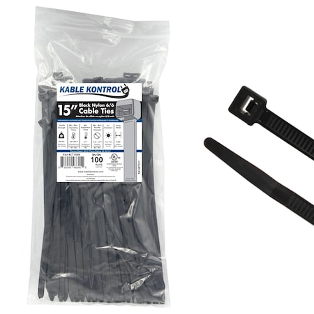 Kable Kontrol Cable Tie, 15 in L, 4-1/8 in Max Bundle Dia., Black, Nylon 6/6, 250 lb Strength, 100 PK CT15BK